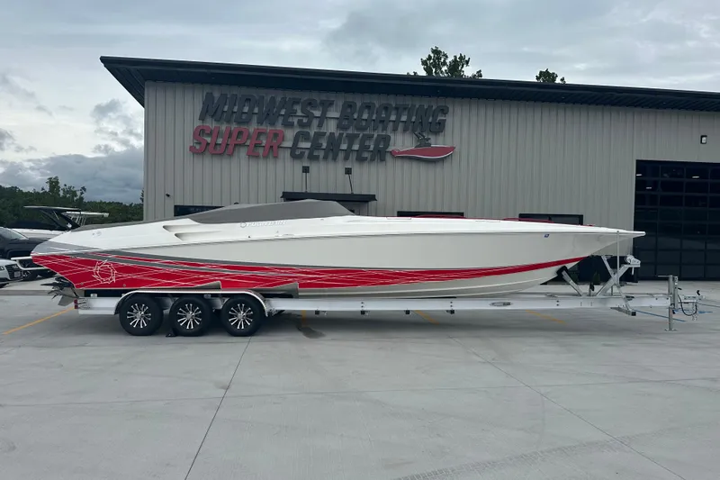 Slide: The Image of 2008 Fountain 38 Lightning boat with red accents at Midwest Boating Super Center. - 1