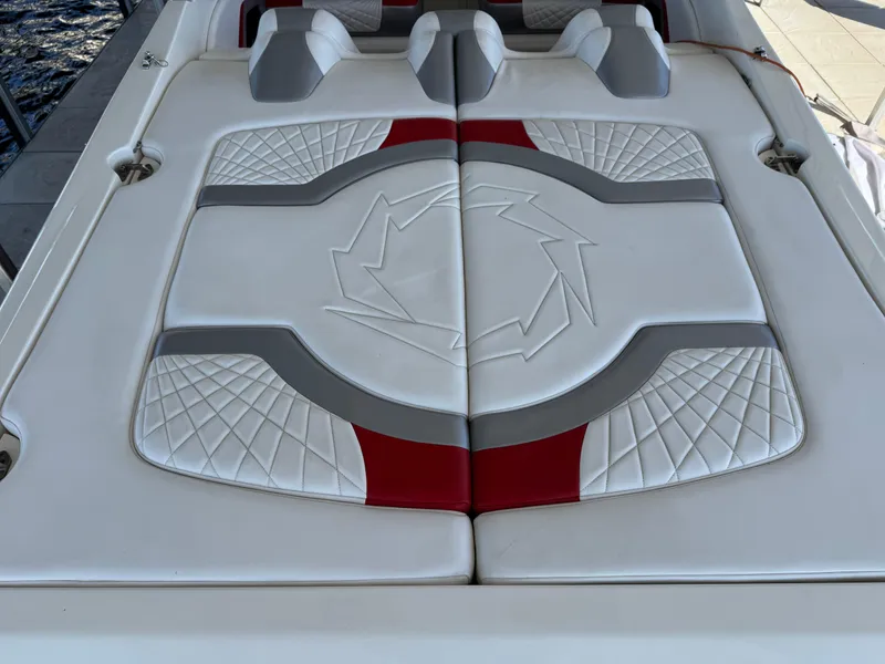 Slide: The Image of 2008 Fountain 38 Lightning boat with stylish red and gray upholstery design. - 22