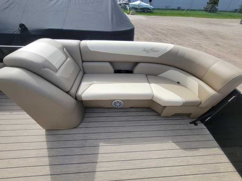 Slide: The Image of Luxurious seating on 2023 SunChaser Geneva Cruise 24 LR DH pontoon boat. - 6