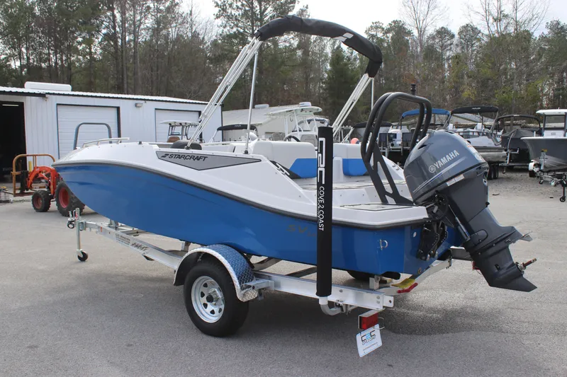 Slide: The Image of 2025 Starcraft SV 16 OB boat with Yamaha outboard motor on trailer. - 4