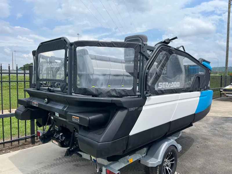 Slide: The Image of 2023 Sea-Doo Switch Compact on trailer, featuring sleek design and modern features. - 2