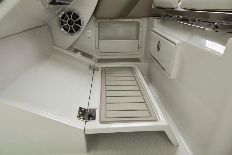 Slide: The Image of Interior of 2025 Finseeker 260 DC boat, featuring storage compartments and speaker. - 4