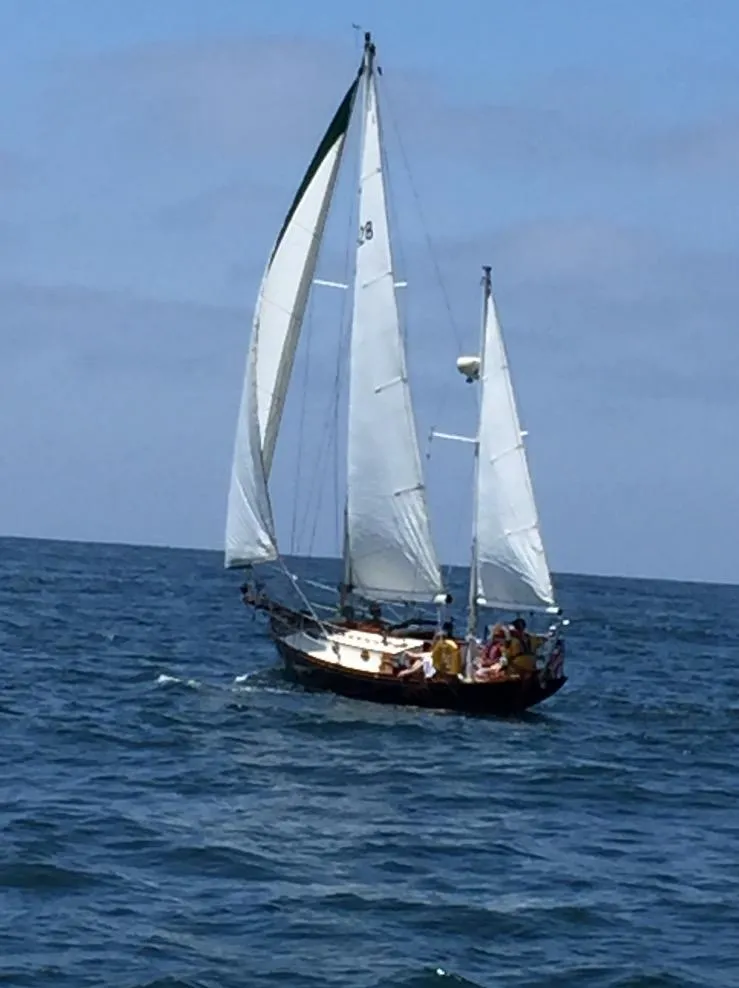 Slide: The Image of Sailing yacht "Custom Aft Cockpit 1988" navigating open sea under clear skies. - 2
