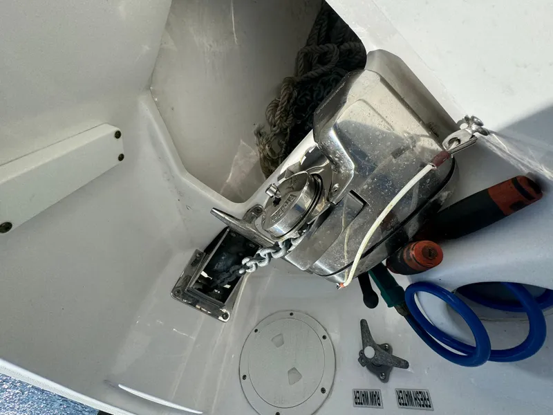 Slide: The Image of Anchor winch system on a 2011 Everglades 325 Center Console boat. - 21