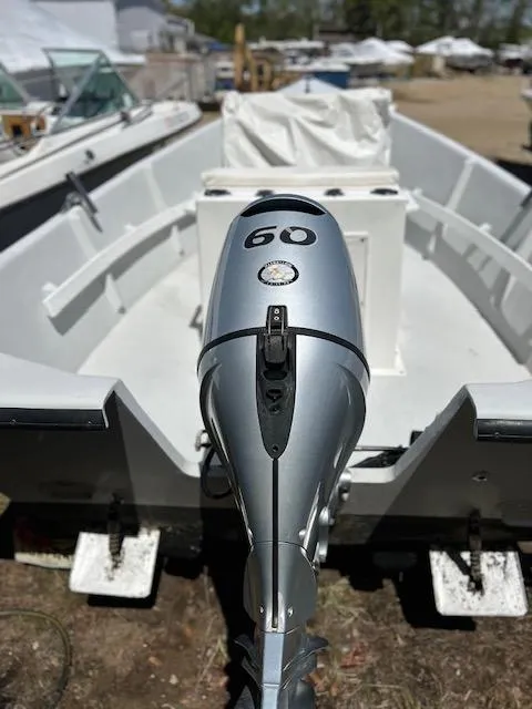 Slide: The Image of 2016 Allied Sportsman boat with a 60 HP outboard motor, docked outdoors. - 5