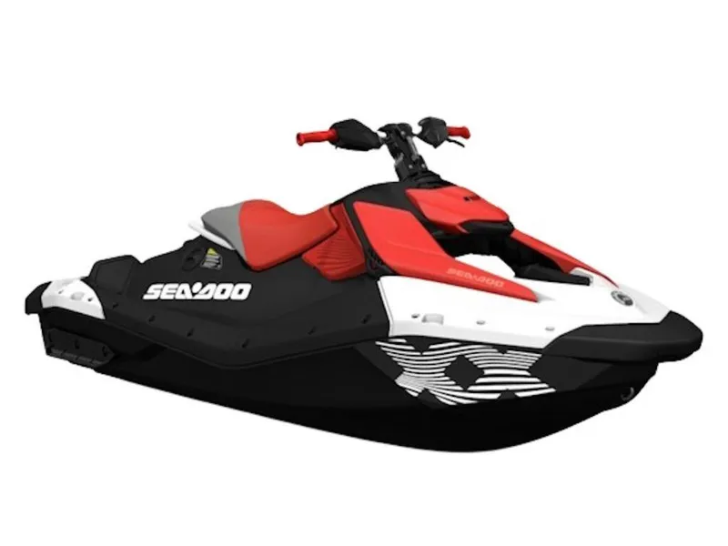 The Image of 2025 Sea-Doo Spark Trixx jet ski, red and black design, side view. - 1