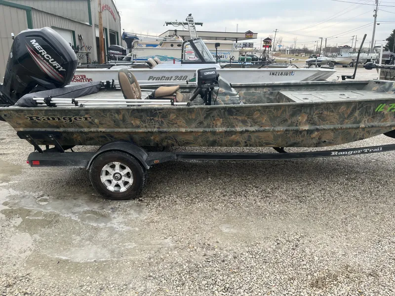 Slide: The Image of 2016 Ranger 1862 MPV boat with camouflage design on a trailer, parked outdoors. - 5