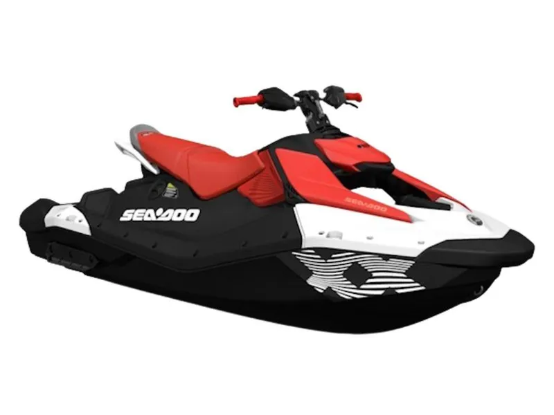 Slide: The Image of 2025 Sea-Doo Spark Trixx jet ski, red and black design, side view. - 1
