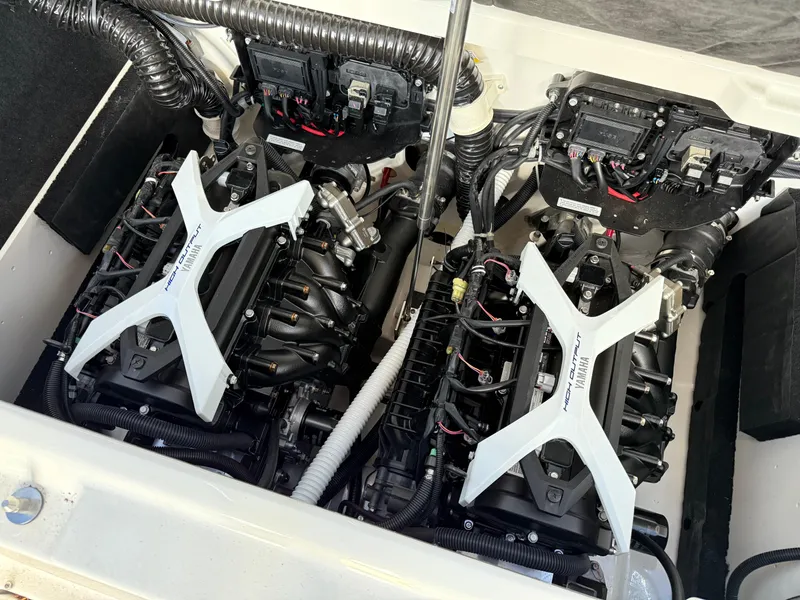 Slide: The Image of 2025 Yamaha Boats 222SD engine compartment with dual engines and advanced components. - 9