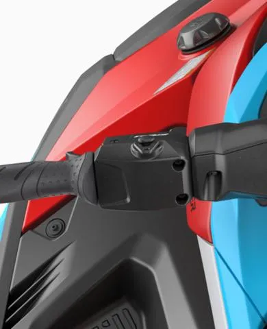 Slide: The Image of 2025 Yamaha WaveRunner Jetblaster handlebar close-up, showcasing vibrant red and blue design. - 11