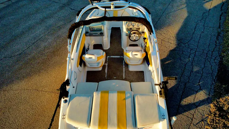 Slide: The Image of 2012 Chaparral 19 Ski & Fish H2O boat, aerial view, yellow and white interior. - 5