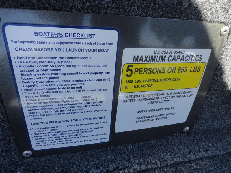 Slide: The Image of 2024 Tracker Pro Guide V-16 SC boat safety checklist and capacity limits, seating for 5 persons or 655 lbs. - 11