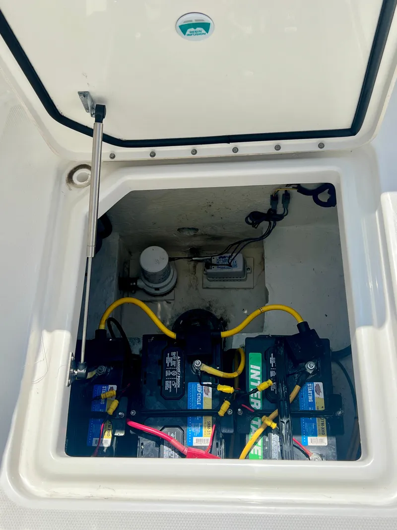 Slide: The Image of 2024 World Cat 280DC-x battery compartment with multiple batteries and wiring. - 28