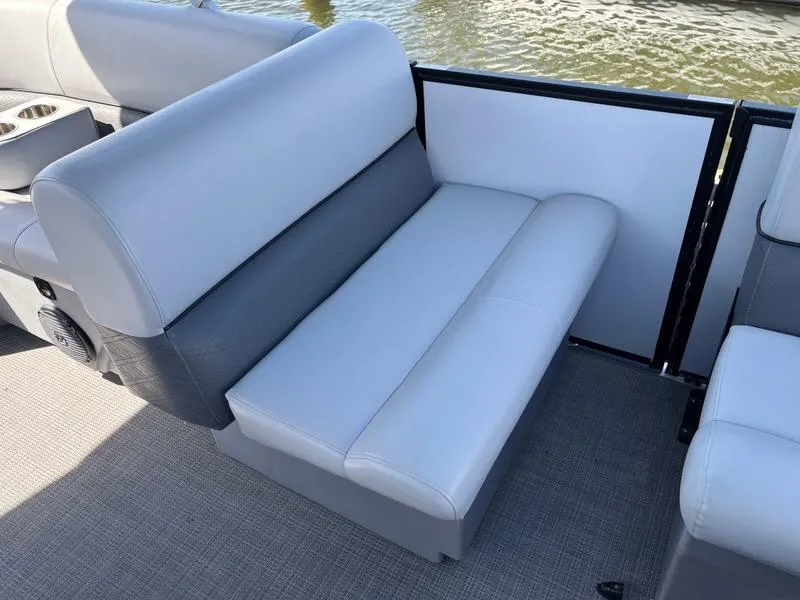 Slide: The Image of 2020 Bentley Pontoons LE 180 Cruise interior seating with gray upholstery on a pontoon boat. - 9
