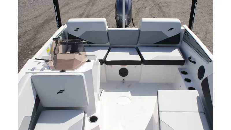 Slide: The Image of 2025 Starcraft SV 16 OB boat interior with seating and storage compartments. - 10
