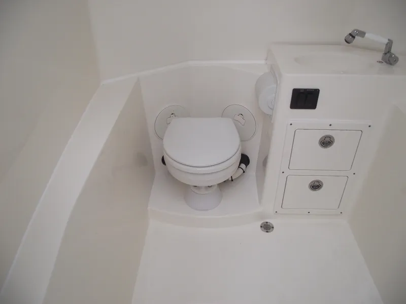 Slide: The Image of 2021 Cobia 301 Center Console boat interior with toilet and storage compartments. - 20