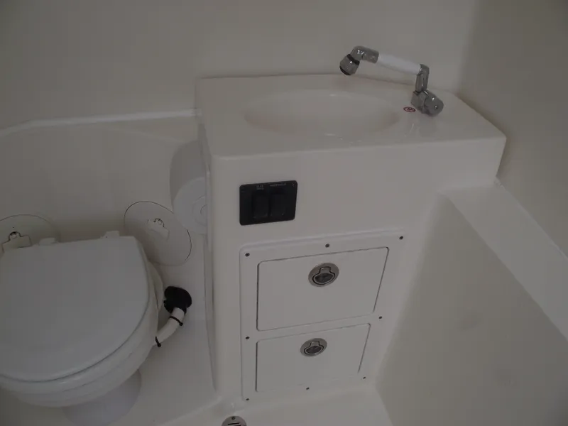 Slide: The Image of 2021 Cobia 301 Center Console boat bathroom with sink and toilet. - 21