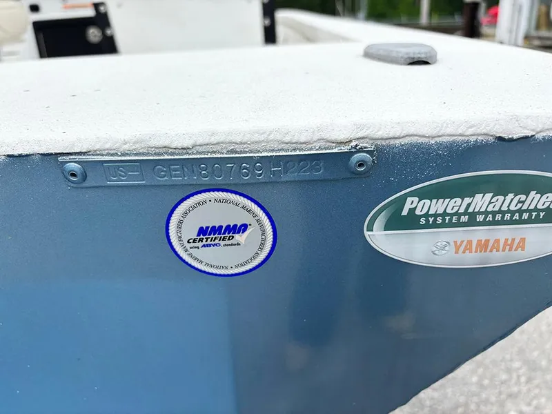 Slide: The Image of 2023 G3 Bay 18 GX boat with NMMA certification and Yamaha PowerMatched warranty stickers. - 32