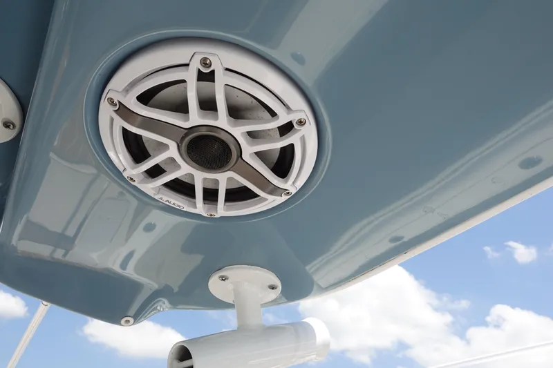 Slide: The Image of Speaker on 2022 Cape Horn 34 XS boat, mounted under blue canopy. - 22