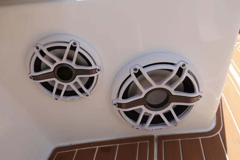 Slide: The Image of Speakers on 2022 Cape Horn 34 XS boat with teak flooring. - 26