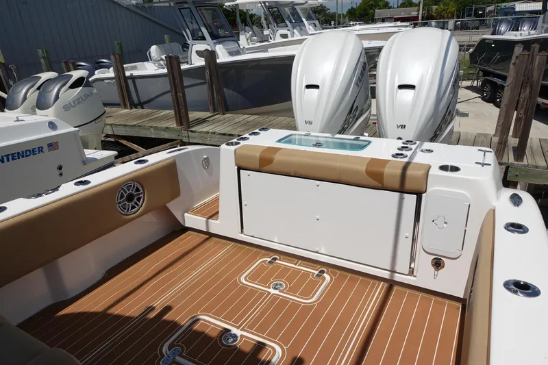 Slide: The Image of 2022 Cape Horn 34 XS boat with twin V8 engines and teak deck. - 33