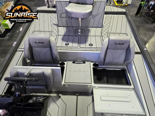 Slide: The Image of 2025 Avid 20 Vertex boat interior with gray seating and storage compartments at Sunrise Marine. - 10