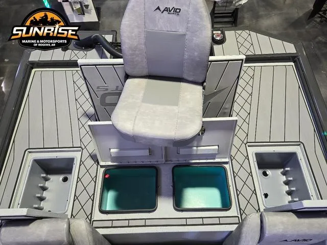Slide: The Image of 2025 Avid 20 Vertex boat interior with seating and storage compartments. - 11