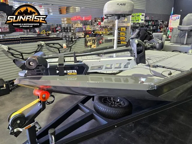 Slide: The Image of 2025 Avid 20 Vertex boat displayed at Sunrise Marine & Motorsports showroom. - 2