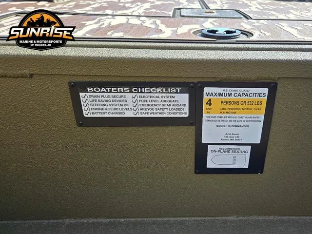 Slide: The Image of Avid 16 Commander 2025 boat with safety checklist and capacity label. - 3