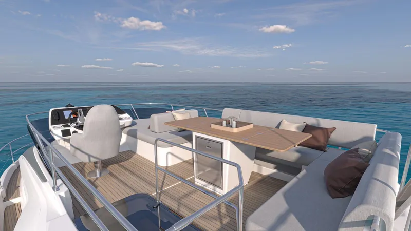 Slide: The Image of Luxury Prestige F4.3 yacht deck with seating, table, and ocean view, 2025 model. - 3