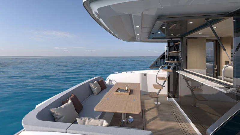 Slide: The Image of Luxurious Prestige F4.3 yacht deck, 2025 model, with elegant seating and ocean view. - 4