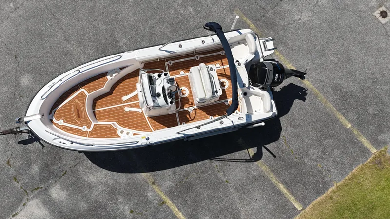 Slide: The Image of 2003 Boston Whaler 21 Outrage boat with wooden deck, aerial view. - 9