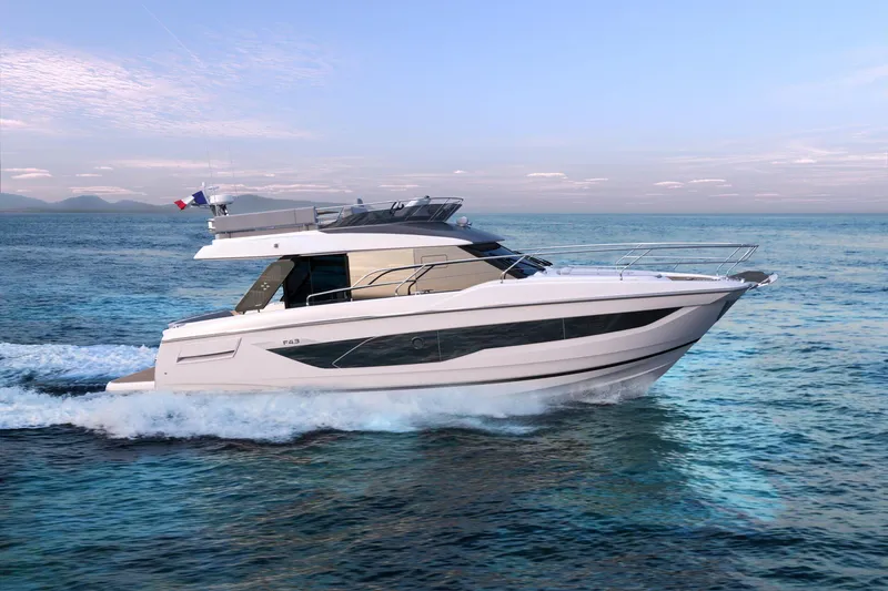 The Image of 2025 Prestige F4.3 yacht cruising on open sea under clear blue sky. - 1
