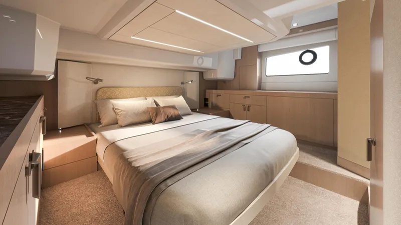 Slide: The Image of Luxurious bedroom interior of 2025 Prestige F4.3 yacht, featuring modern design and elegant furnishings. - 8