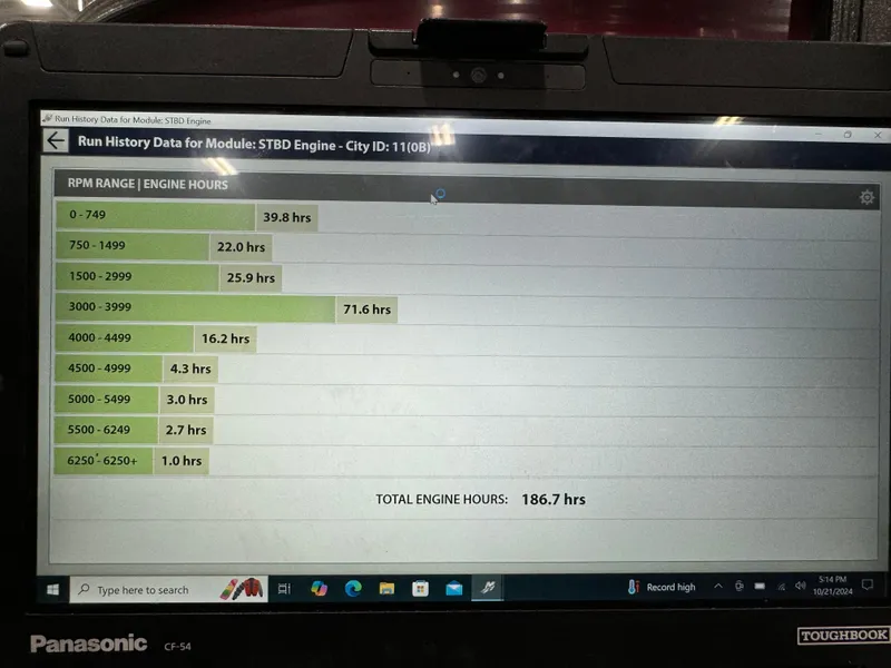 Slide: The Image of Laptop displaying engine run history data for Crest 250, 2016 model, with total hours logged. - 7