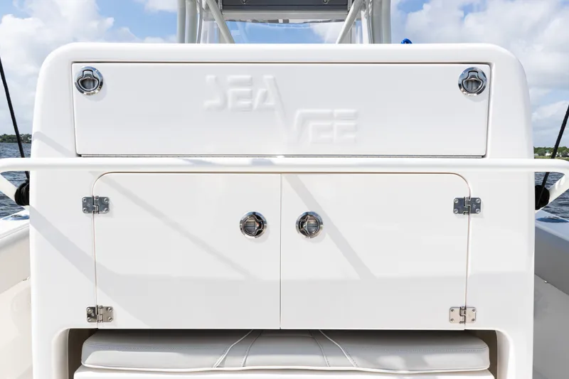 Slide: The Image of 2024 SeaVee 290B boat interior with storage compartments and sleek design. - 31