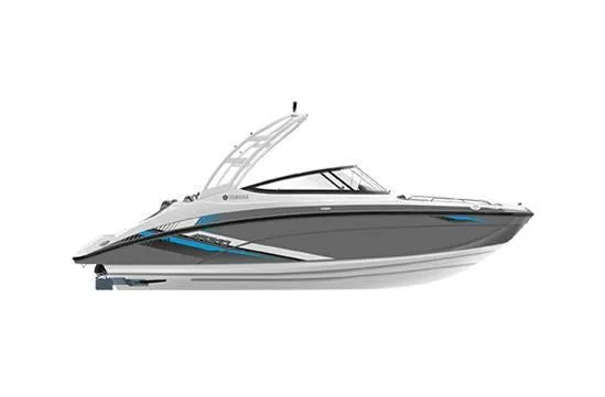 Slide: The Image of 2020 Yamaha AR210 boat, sleek design, gray and white with blue accents, side view. - 24