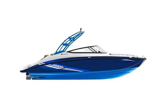 Slide: The Image of 2020 Yamaha Boats AR210, sleek blue and white design, side view. - 25
