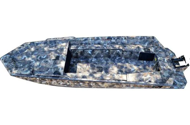 Slide: The Image of 2023 Excel Shallow Water F4 1860 boat with Mud Buddy 40HDR, camo design, top view. - 15