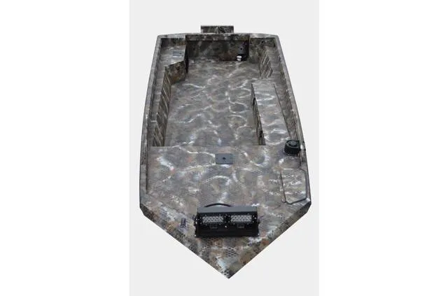 Slide: The Image of 2023 Excel Shallow Water F4 1860 boat with camo design, top view. - 16