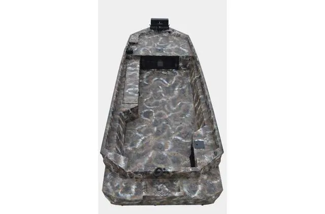 Slide: The Image of 2023 Excel Shallow Water F4 1860 boat with Mud Buddy 40HDR, camo design, top view. - 17