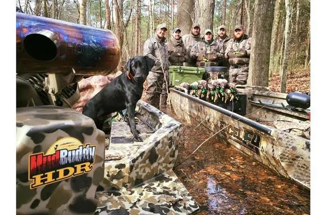 Slide: The Image of Hunters with dog and ducks on Excel Shallow Water F4 boat in forest setting. - 30
