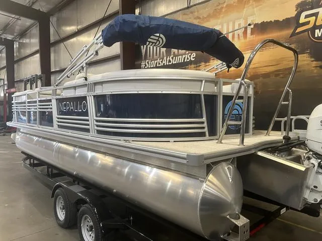 Slide: The Image of 2023 Nepallo Pontoons 22QL with Suzuki 90 engine on trailer in showroom. - 6