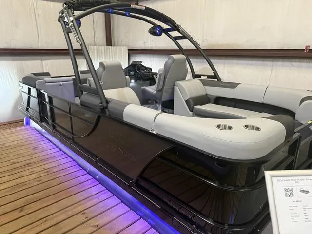 Slide: The Image of 2025 Veranda Relax VR22RC pontoon boat with Yamaha 300, top view, spacious seating layout. - 2