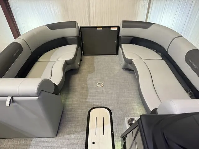 Slide: The Image of 2025 Veranda Relax VR22RCT boat interior with gray seating and modern design. - 4