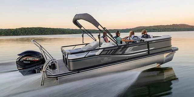 Slide: The Image of 2025 SunCatcher Select 322SS W/VF200XB pontoon boat, top view, spacious seating layout. - 2