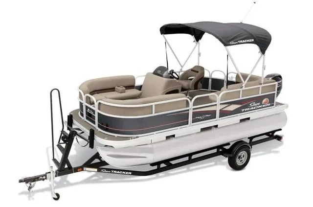 Slide: The Image of 2019 Sun Tracker PARTY BARGE 18 DLX pontoon boat with Mercury 60 engine on trailer. - 21