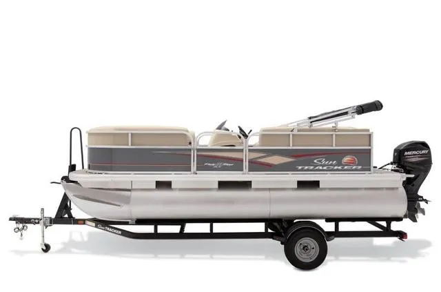 Slide: The Image of 2019 Sun Tracker PARTY BARGE 18 DLX pontoon boat with Mercury 60 engine on trailer. - 23