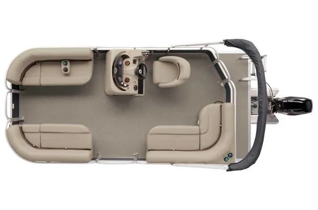 Slide: The Image of 2019 Sun Tracker PARTY BARGE 18 DLX pontoon boat, top view, beige seating, Mercury 60 engine. - 25