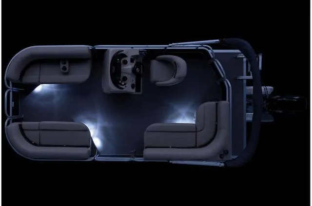 Slide: The Image of 2019 Sun Tracker PARTY BARGE 18 DLX with Mercury 60, top view, illuminated interior. - 27